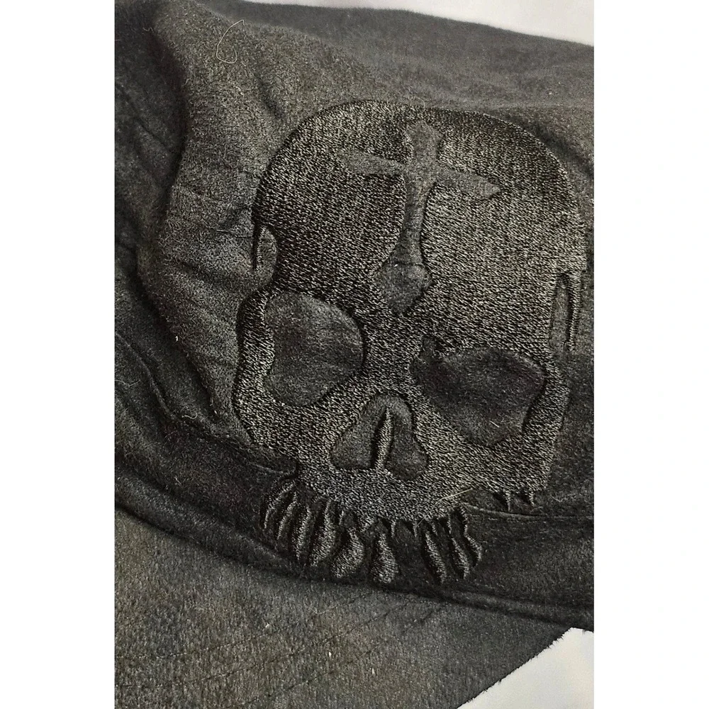 Black Skull Embroidered Cadet Cap Gold Studded Military Hat Faux Suede Gothic
